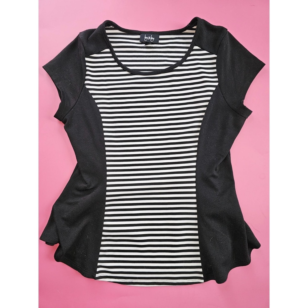 by & by Women's Black White Striped Colorblock Peplum Tee Shirt‎ XL